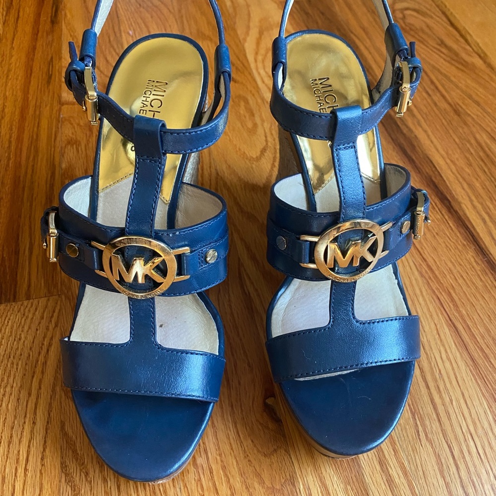 Michael Kors Navy Blue Leather Wedge Sandals with Gold MK Accents